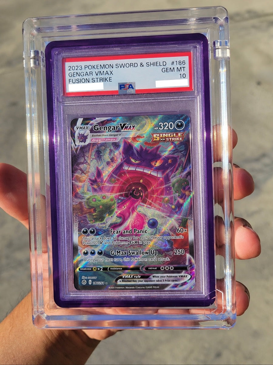 A PSA 10 Gengar VMAX slab in a GX Slab Display